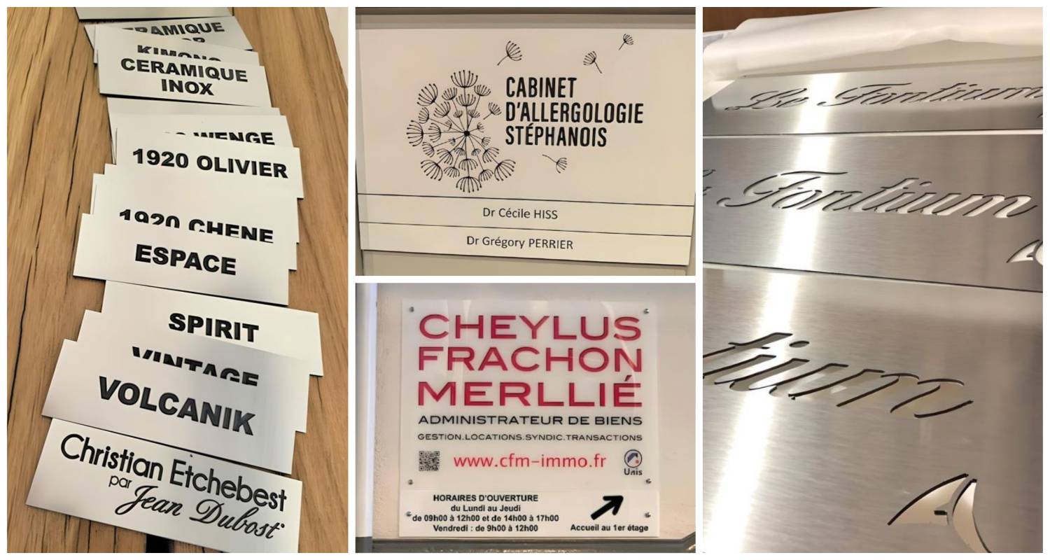 Exemples de signalétiques extérieures gravées ou imprimées